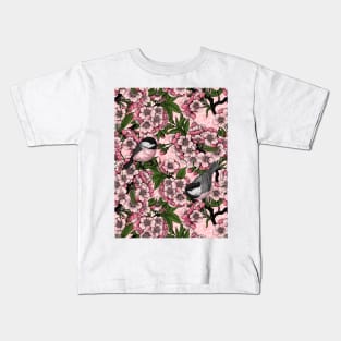 Cherry blossom and chickadees on pink Kids T-Shirt